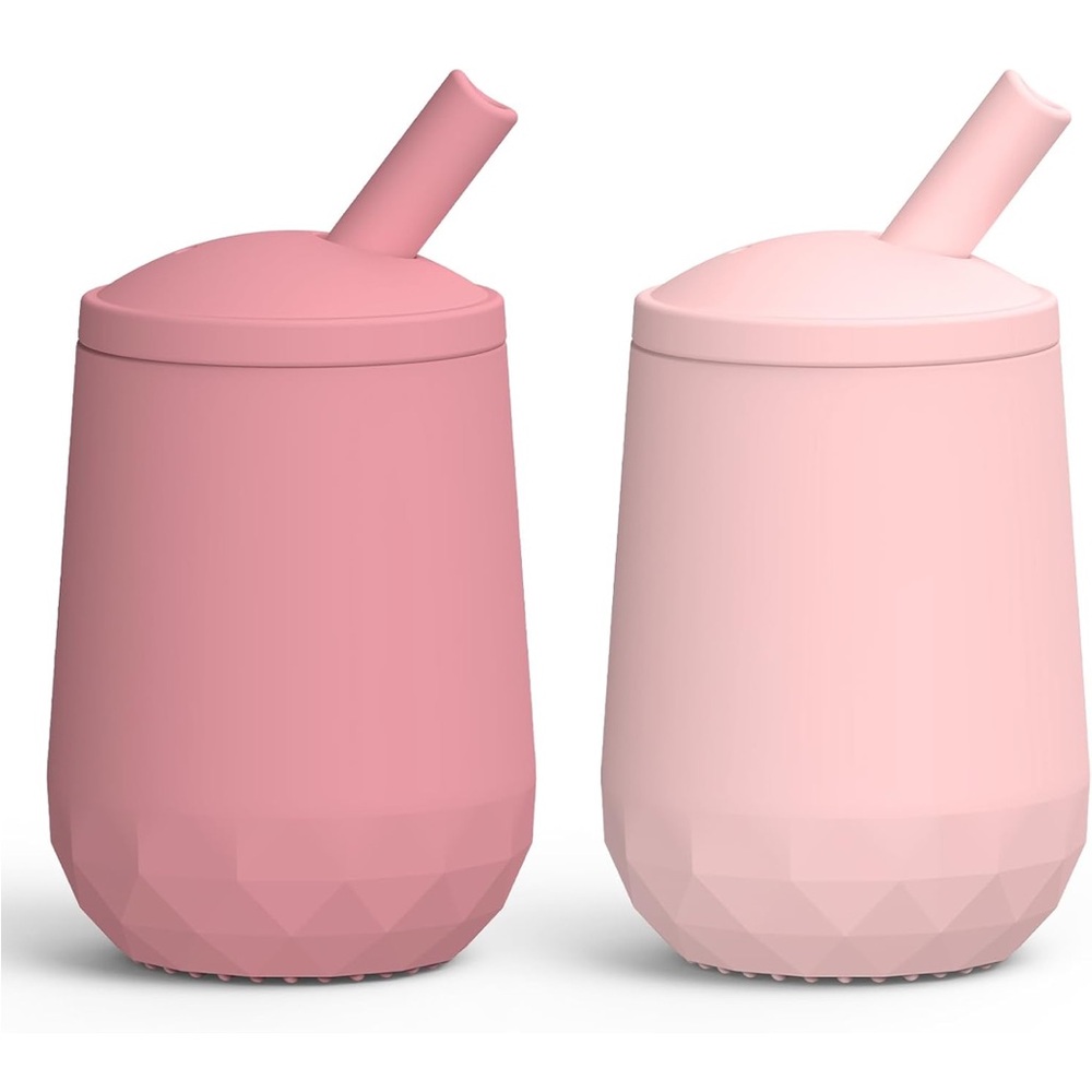 Set of Two Pink Silicone Cups with Straws
